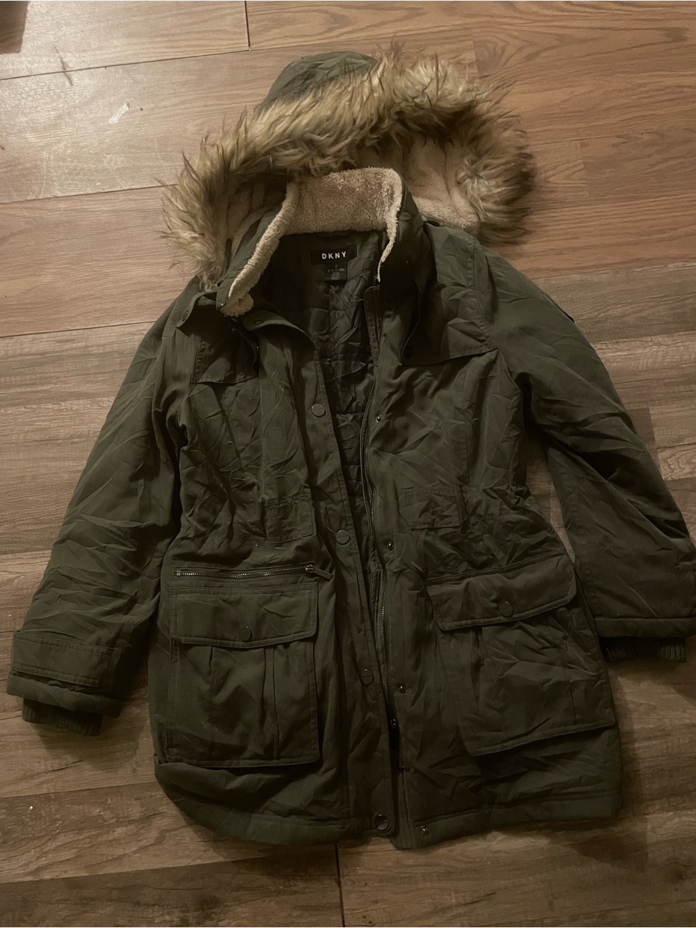 DKNY Olive Green Hooded Puffer Parka with Faux Fur Trim